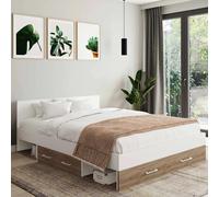 IDMarket - Lit Double MINEA avec tiroirs + niches de Rangement + tête de lit et sommier 140 x 190 cm façon hêtre et Blanc