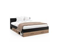 IDMarket - Lit double MINEA - Tiroirs, niches, tête de lit et sommier 140x190 façon hêtre/noir
