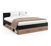 Lit Double Minea 140 X 190 Cm Avec Tête De Lit + Tiroirs + Niches De Rangement Et Sommier Hêtre Et Noir Noir