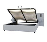 Lit Double Moderne en Tissu Lin et MDF avec tête de lit intégrée capitonnée, mécanisme hydraulique de Levage, Deux Tables de Chevet avec tiroirs, Prises USB, Lampes intégrées (Gris,180x200cm)