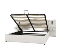 Lit Double Moderne en Tissu Lin et MDF avec tête de lit intégrée capitonnée, mécanisme hydraulique de Levage, Deux Tables de Chevet avec tiroirs, Prises USB, Lampes intégrées (Beige,180x200cm)