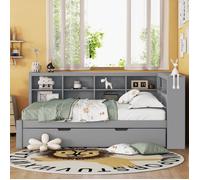 Lit Double Multifonction - AUTREMENT - 140x200 avec Gigogne 90x190 - Bois Massif Gris - USB - Rangements