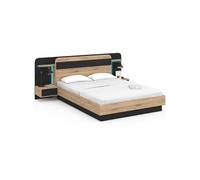 IDMarket - Lit Double Nathan 140 x 190 cm avec tête de lit, chevets Suspendus, étagère, LED et sommier Bois et Noir