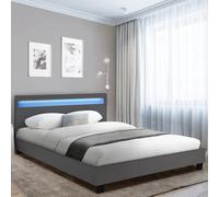IDMarket - Lit double Neo 140 x 190 cm avec tête de lit LED intégrée et sommier PVC Gris