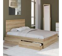 Lit Double Omaha 4 Tiroirs Sur Roulettes Avec Tête De Lit Et Sommier 140 X 190 Cm Façon Hêtre