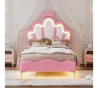 lit double plat 90 x 200cm, lit de princesse en forme de couronne,bande lumineuse d'ambiance LED réglable, rose