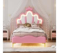 Lit double plat, lit de princesse en forme de couronne, , bande lumineuse d'ambiance LED réglable, cuir PU, 90*200cm, rose