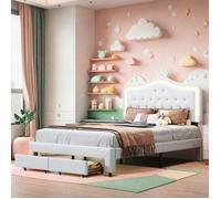 Lit Double Princesse - AMBIANCE - 140 x 200 cm - Éclairage LED - 2 Tiroirs de Rangement - Cadre de Lit en PU