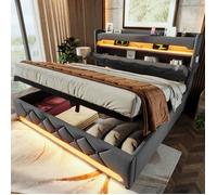 Lit double rembourré 140*200, Tête de lit avec rangement USB et port type C, fonction LED 360 surround autour de la