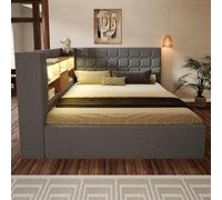 Lit double rembourré, 140 x 190 cm, avec LED, espace de rangement hydraulique, tête de lit en forme de L avec espace de rangement, montage des deux côtés, sommier à lattes, tissu en lin, gris (sans