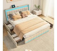 Lit double rembourré, 140 x 190 cm, avec tête de lit LED et port USB, sommier à lattes, avec 4 tiroirs, espace de rangement, sans matelas, beige lin