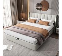 Lit double rembourré 140 x 190 cm, Lit coffre avec Éclairage LED, Espace de rangement, Tête de lit réglable et Prises USB - Gris