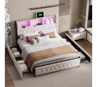 Lit double rembourré, 140 x 200 cm, avec barre lumineuse LED et fonction de charge USB, 4 tiroirs et tête de lit, avec espace de rangement (sans matelas) (140 x 200 cm)