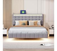 Lit double rembourré, 140 x 200 cm, avec éclairage LED et ports USB, fonctionnel, avec tête de lit réglable en hauteur, sommier à lattes, pour adolescent, gris et lin, 160 x 200 cm