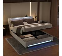 Lit double rembourré, 140 x 200 cm, avec espace de rangement et éclairage LED, USB C, compartiment de rangement hydraulique, avec sommier à lattes et cadre en métal, cadre fonctionnel, lin, blanc, 140
