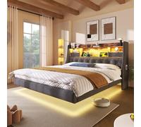 Lit double rembourré, 140 x 200 cm, avec LED, tête de lit et station de charge, 1 type C, 3 ports USB, moderne, avec espace de rangement et sommier à lattes, en lin, gris, sans matelas