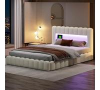 Lit double rembourré, 140 x 200 cm, avec lumière LED, espace de rangement, avec espace de rangement et sommier à lattes, en bois, pour lits fonctionnels, dossier, sans matelas (beige, 140 x 200 cm)