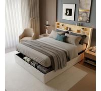 Lit double rembourré, 140 x 200 cm, avec tête de lit LED, espace de rangement, hydraulique, à sommier tapissier, avec coffre de lit, cadre de lit avec sommier à lattes, polyuréthane, sans matelas