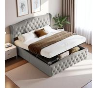 Lit Double Rembourré 140 x 200 cm, Lit Coffre avec Rangement et Tête de Lits Capitonné, Forme Ondulée avec Rivets, Cadre de Lits pour Adultes et Adolescents, Velours, Sans matelas (Gris, 140x200 cm)
