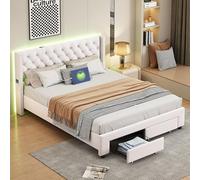Lit Double Rembourré 140x190 avec Éclairage LED et Port USB, lits Coffre 140x190 avec Sommier à Lattes et 2 Tiroirs,tête de lit avec Rangement, Lit 2 Personnes,Cadre de lits en Bois et Velours