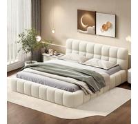 Lit Double Rembourré 140x190 cm, Lit Bubble avec Sommier à Lattes, Lits 2 Personnes Capitonne avec Tête de Lits, Cadre de Lit pour Adulte Chambre à Coucher et Chambre d'amis, sans Matelas, Lin