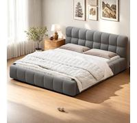 Lit Double Rembourré 140x190 cm, Lit Bubble avec Sommier à Lattes, Lits 2 Personnes Capitonne avec Tête de Lits, Cadre de Lit pour Adulte Chambre à Coucher et Chambre d'amis, sans Matelas, Lin