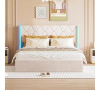 Lit Double Rembourré 140x190 cm, Lits 2 Personnes avec Lumières LED et Port USB, Lit Capitonné avec Sommier à Lattes et Tête de Lit, pour Adultes et Adolescents, Velours (140x190cm+Beige+Flanelle)