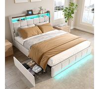 Lit Double rembourré 140x200 cm avec LED et USB - Cadre de lit Moderne avec tête de lit, sommier à Lattes, 4 tiroirs de Rangement - Parfait pour Adultes et Adolescents - Lin Beige (sans Matelas)