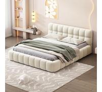 Lit Double Rembourré 140x200 cm, Lit Bubble avec Sommier à Lattes, Lits 2 Personnes Capitonne avec Tête de Lits, Cadre de Lit pour Adulte Chambre à Coucher et Chambre d'amis, sans Matelas, Lin