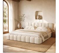 Lit Double Rembourré 140x200, Lit Bubble avec Sommier à Lattes, lits matelassé nuage, Lits 2 Personnes Capitonne, Lin, Beige
