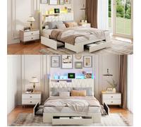 Lit Double Rembourré 140x200cm avec 3 Tiroirs, Lit 2 Personnes avec Lumières LED et USB, Tête de Lit avec Rangement, Beige, Velours