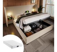 Lit double rembourré 160×200 avec table de nuit, lampe de lecture et USB Type-C , Ensemble literie Lit de rangement, Beige, linAvec matelas