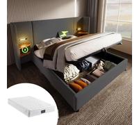 Lit double rembourré 160×200 avec table de nuit, lampe de lecture et USB Type-C , Ensemble literie Lit de rangement, Gris, linAvec matelas