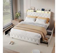 Lit double rembourré, 160 x 200 cm, avec 4 tiroirs, éclairage LED et station de charge, avec espace de rangement pour tête de lit, sommier à lattes, sans matelas, en velours (beige, 160 x 200 cm)