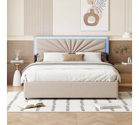 Lit double rembourré, 160 x 200 cm, avec 4 tiroirs, espace de rangement, dossier, cadre de lit avec tête de lit LED et sommier à lattes, sans matelas (beige lin 01 + tiroirs, 160 x 200 cm)