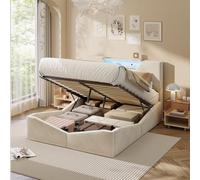 Lit double rembourré, 160 x 200 cm, avec éclairage LED, coffre de rangement hydraulique, avec tiroir de lit, sommier à lattes, fonctionnel et espace de rangement, tête de lit, sans matelas (beige)