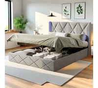 Lit double rembourré, 160 x 200 cm, avec espace de rangement, avec espace de rangement hydraulique, avec sommier à lattes, lit fonctionnel, cadre de lit, dossier, gris, en velours, sans matelas