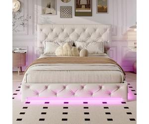 Lit double rembourré, 160 x 200 cm, avec espace de rangement, hydraulique, avec éclairage LED, cadre de lit double avec tête réglable et sommier à lattes, en lin, sans matelas (beige-a, 160 x 200 cm)