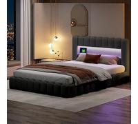 Lit double rembourré, 160 x 200 cm, avec lumière LED, espace de rangement, avec espace de rangement et sommier à lattes, en bois, pour lits fonctionnels, dossier, sans matelas (gris, 160 x 200 cm)