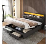 Lit double rembourré 160 x 200 cm avec rangement, lit coffre hydraulique avec tiroirs, tête de lit escamotable, lit pour adolescent avec LED, coffre et sommier à lattes (gris foncé-AG01, 160 x 200)