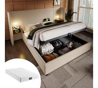 Lit double rembourré, 160 x 200 cm, avec table de chevet, lampe de lecture et fonction de charge USB de type C, système de rangement, cadre de lit avec sommier à lattes en bois massif et métal, beige