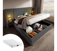Lit double rembourré, 160 x 200 cm, avec table de chevet, lampe de lecture et fonction de charge USB Type-C, système de rangement, cadre de lit avec sommier à lattes en bois massif et métal, gris, lin