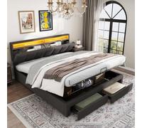 Lit Double rembourré 160 x 200 cm, lit coffre avec sommier et LED, Lit capitonné avec grand espace de rangement et 2 Tiroirs, Cadre de lits avec sommier à Lattes pour Adulte Adolescent (160x200)