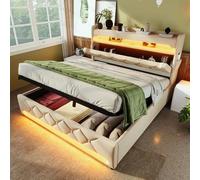 Lit Double rembourré 180 * 200 cm, Cadre de lit avec Rangement USB et C-Port en tête de lit, Fonction LED 360 à la tête et au Pied du lit, Bed Frame avec Rangement hydraulique (Beige)