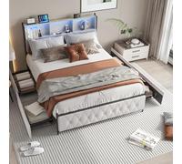 Lit double rembourré, 180 x 200 cm, avec barre lumineuse LED et fonction de charge USB, 4 tiroirs et tête de lit, avec espace de rangement (sans matelas) (180 x 200 cm)