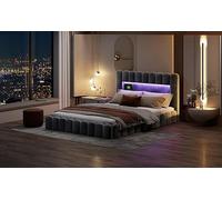 Lit Double rembourré 180 x 200 cm avec éclairage LED, lit Coffre, Port USB et Port Type-c, Lattes Doubles, Lits Adulte et ado, Matelas Non Inclus, Gris (Velours, 180x200cm)