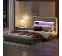 Lit double rembourré, 180 x 200 cm, avec sommier à lattes et espace de rangement, cadre de lit avec LED, lits fonctionnels, lit pour adultes et adolescents, sans matelas (beige + LED + USB, 180 x 200