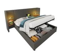 Lit double rembourré, 180 x 200 cm, avec table de chevet, lampe de lecture et fonction de charge USB de type C, espace de rangement, cadre de lit avec sommier à lattes en bois massif et métal, gris