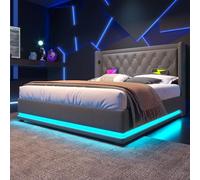 Lit double rembourré, 180 x 200 cm, en coton gris, avec espace de rangement hydraulique, tête de lit rembourrée avec fonction de charge USB de type C, fonction 3 côtés (sans matelas)