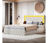Lit double rembourré, 180 x 200 cm, espace de rangement hydraulique, avec tête de lit LED, tête de lit avec décor en losanges, cadre de lit fonctionnel, avec espace de rangement et sommier à lattes